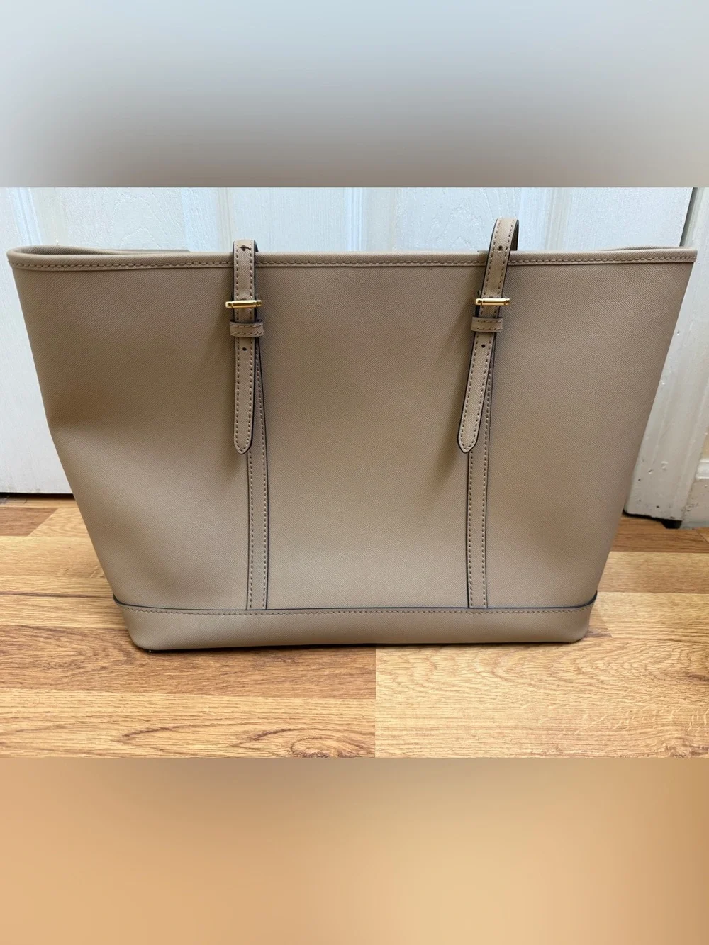 Michael Kors Taupe Leather Saffiano Tote with Gold Charm